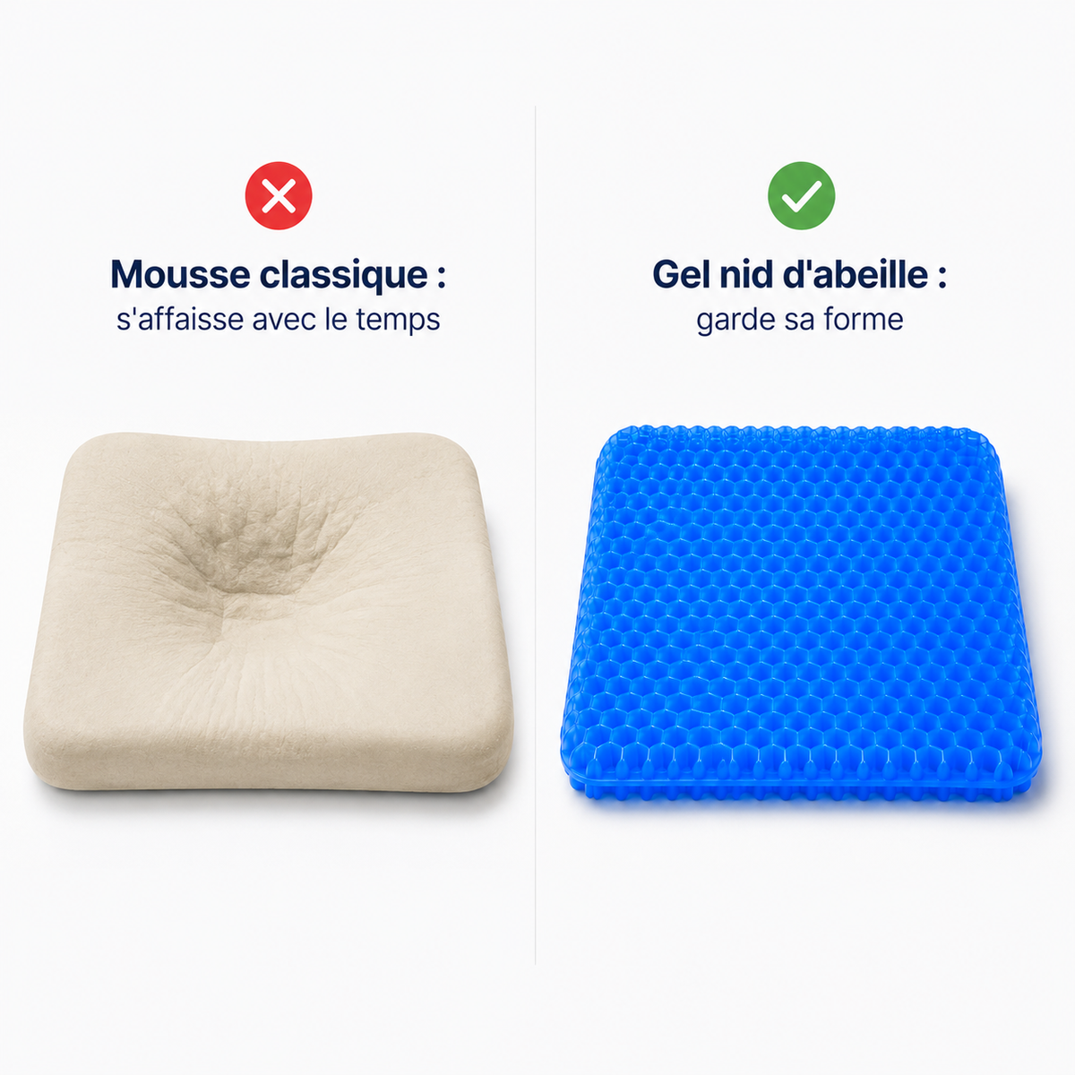 Comparaison entre un coussin en mousse à mémoire de forme affaissé et un coussin en gel nid d'abeille Image