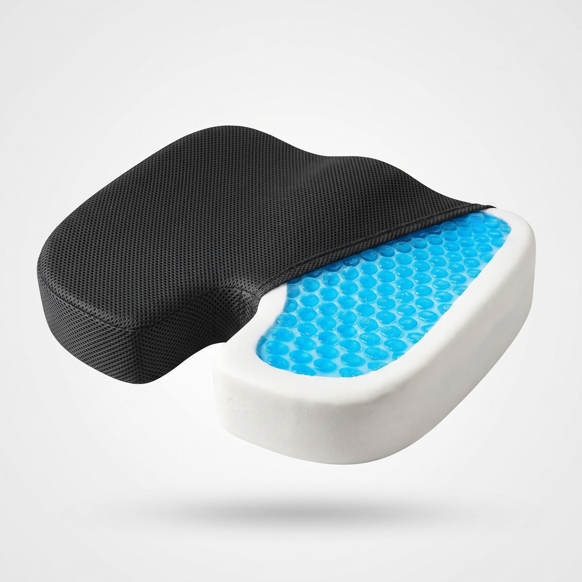 Coussin orthopédique avec housse retirée montrant la couche de gel fraîcheur bleue