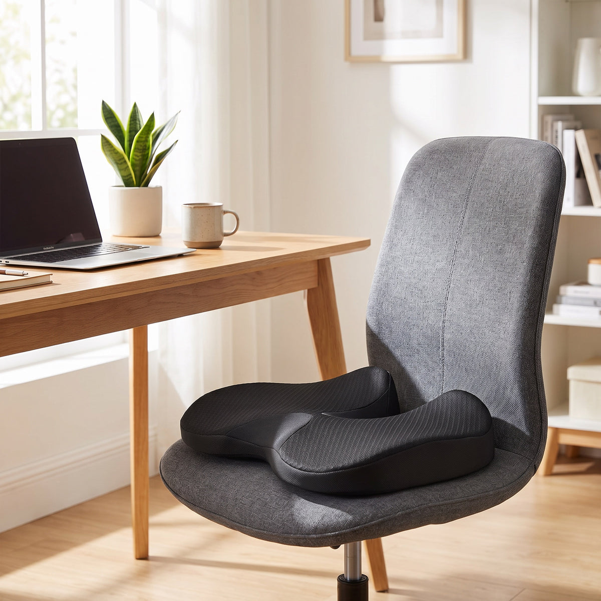 Coussin ergonomique installé sur une chaise de bureau