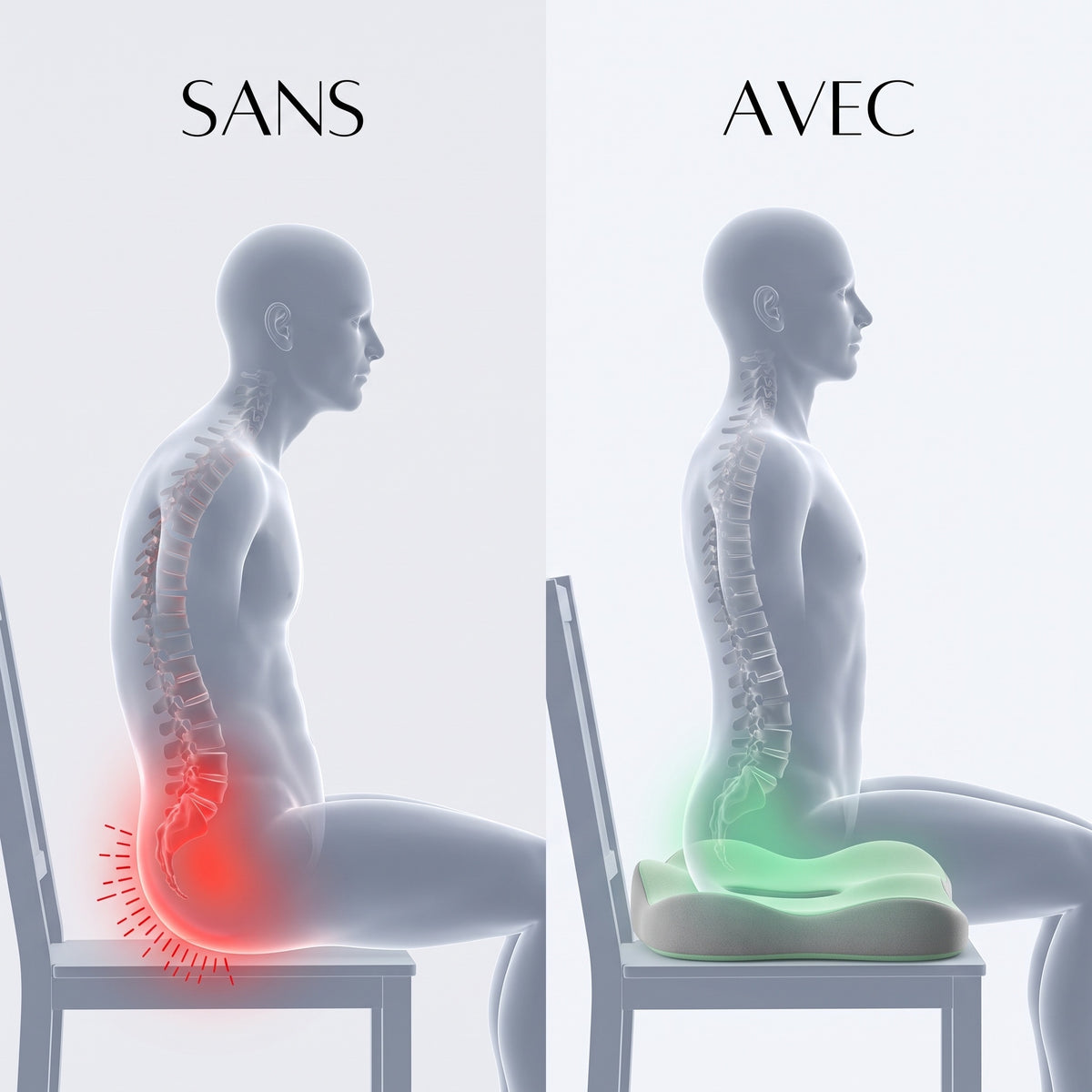Comparaison de la posture assise sans et avec le coussin ergonomique 3D