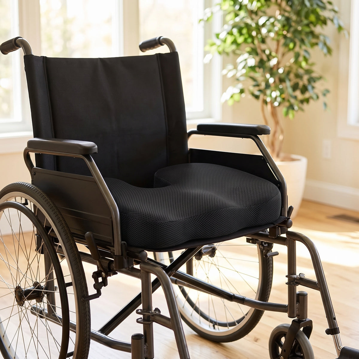 Coussin d'assise installé sur un fauteuil roulant