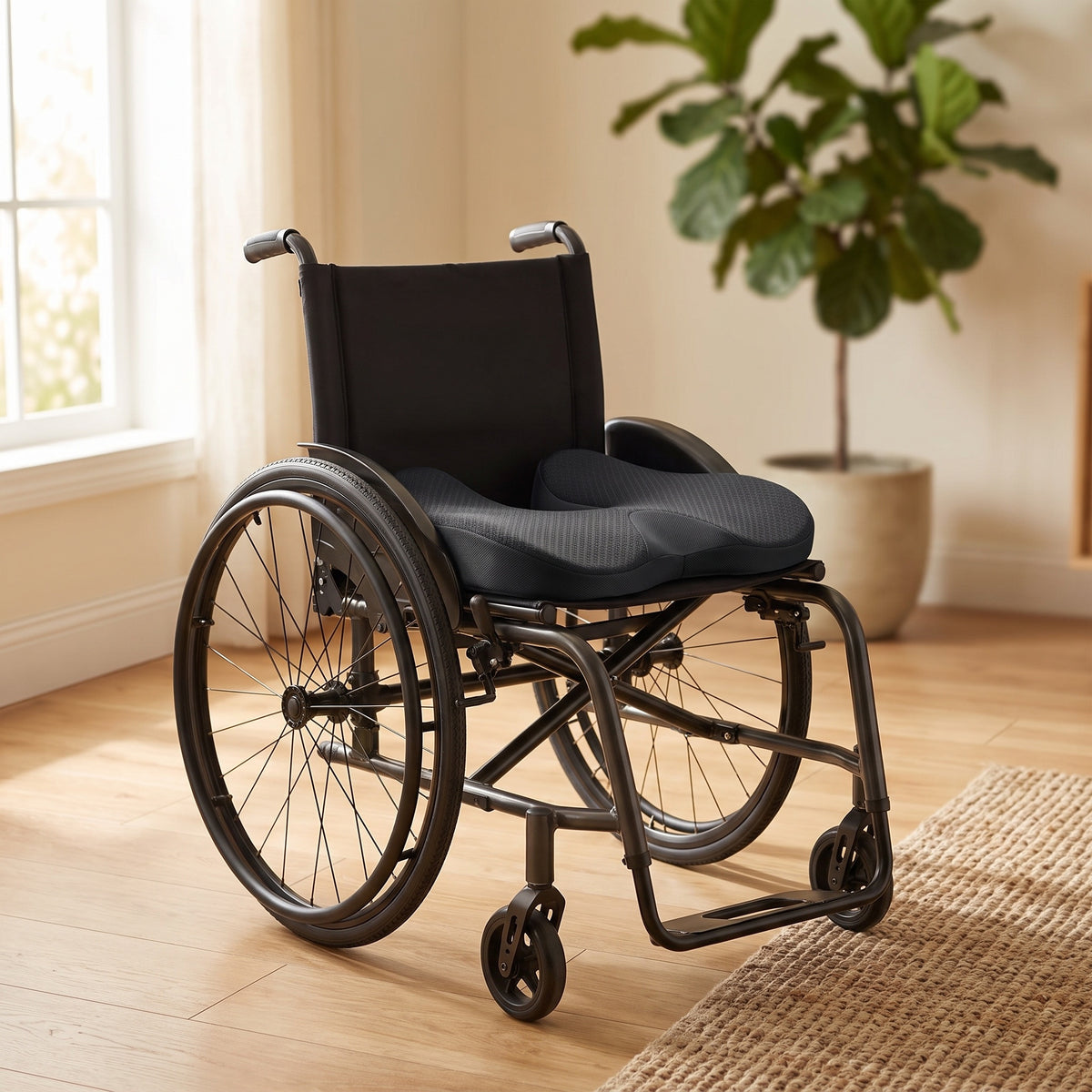 Coussin d'assise installé sur un fauteuil roulant