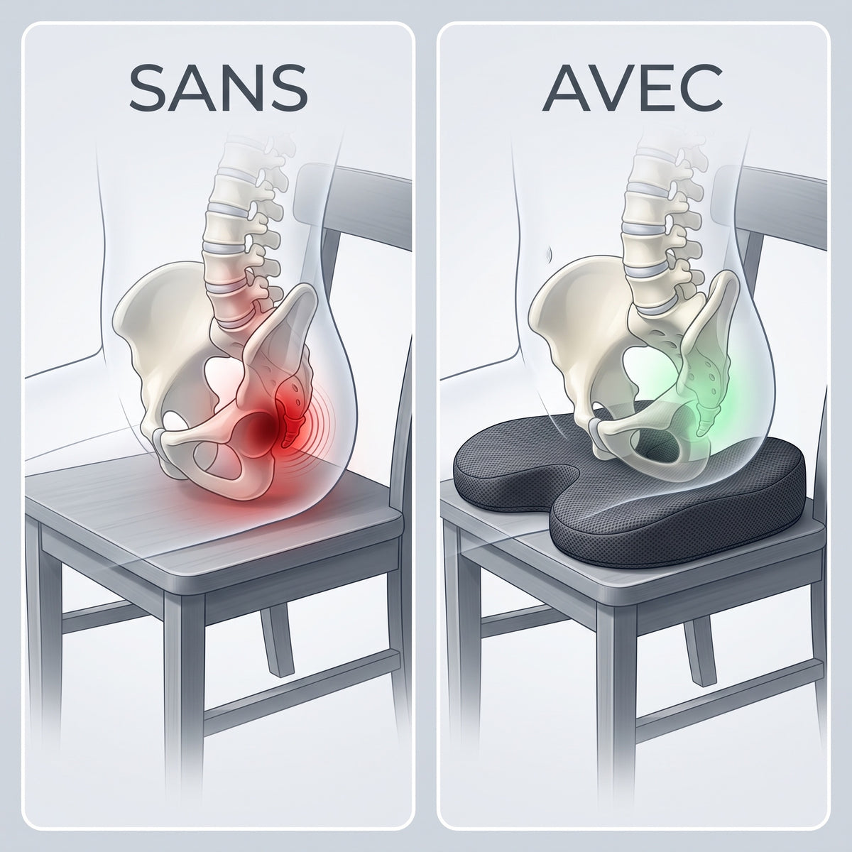 Comparaison de la posture assise sans et avec le coussin ergonomique